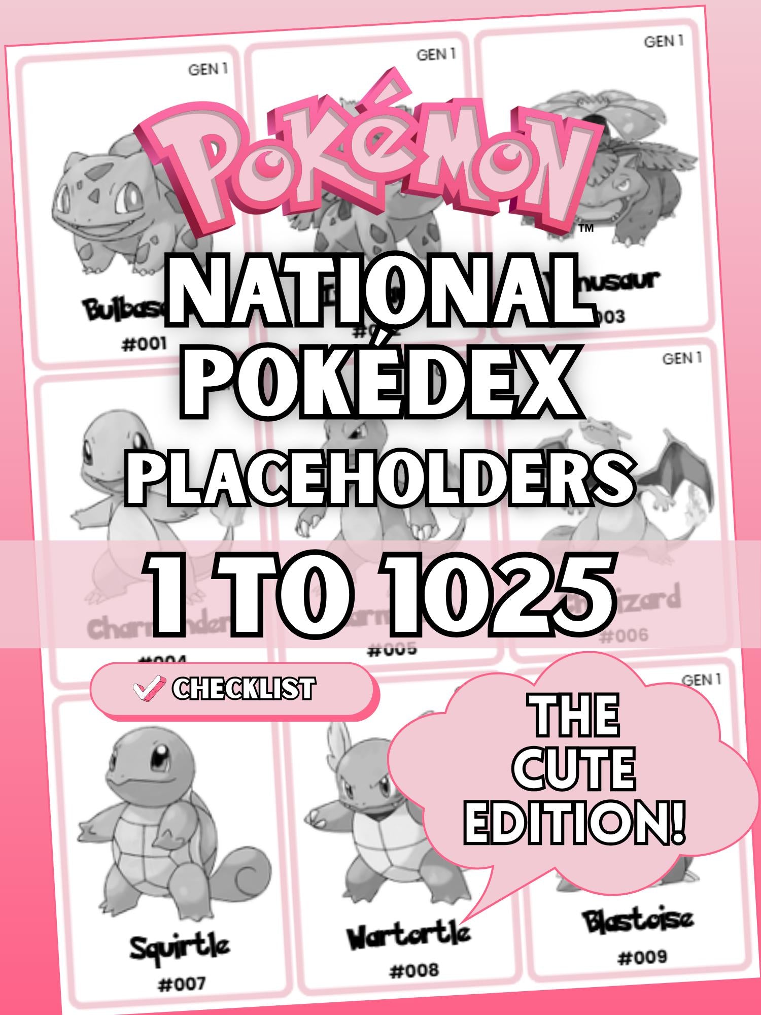 National Pokédex placeholders printable Cute Pokémon binder pages in the color pink showing card style inserts from #001 to #1025 designed to keep a Pokémon TCG binder complete and organized.