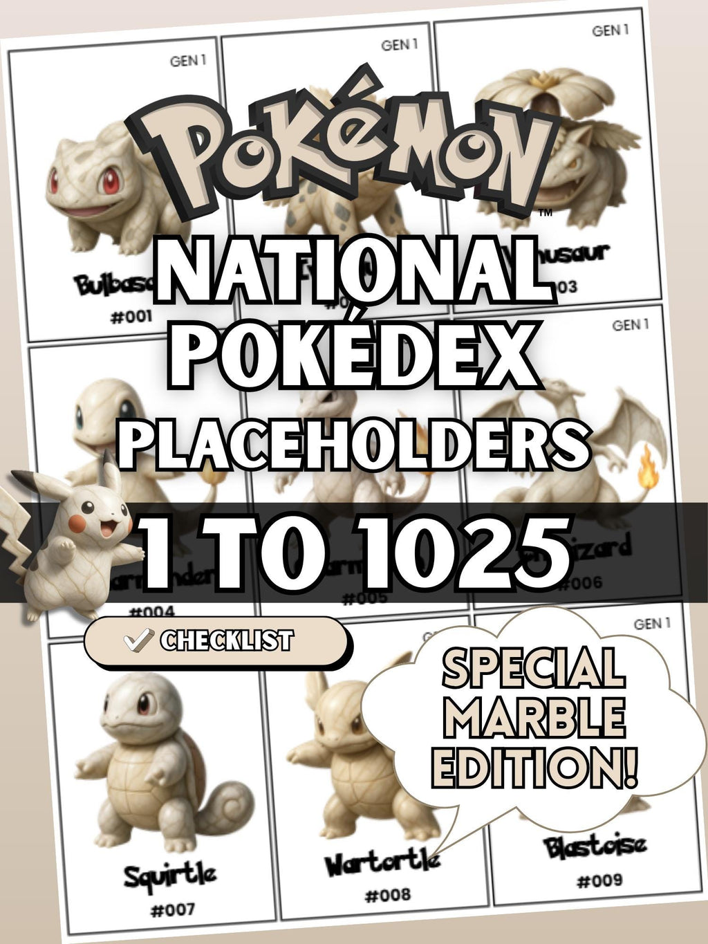 National Pokédex placeholders printable Pokémon binder pages in the color Beige Marble showing card style inserts from #001 to #1025 designed to keep a Pokémon TCG binder complete and organized.