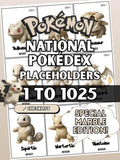 National Pokédex placeholders printable Pokémon binder pages in the color Beige Marble showing card style inserts from #001 to #1025 designed to keep a Pokémon TCG binder complete and organized.