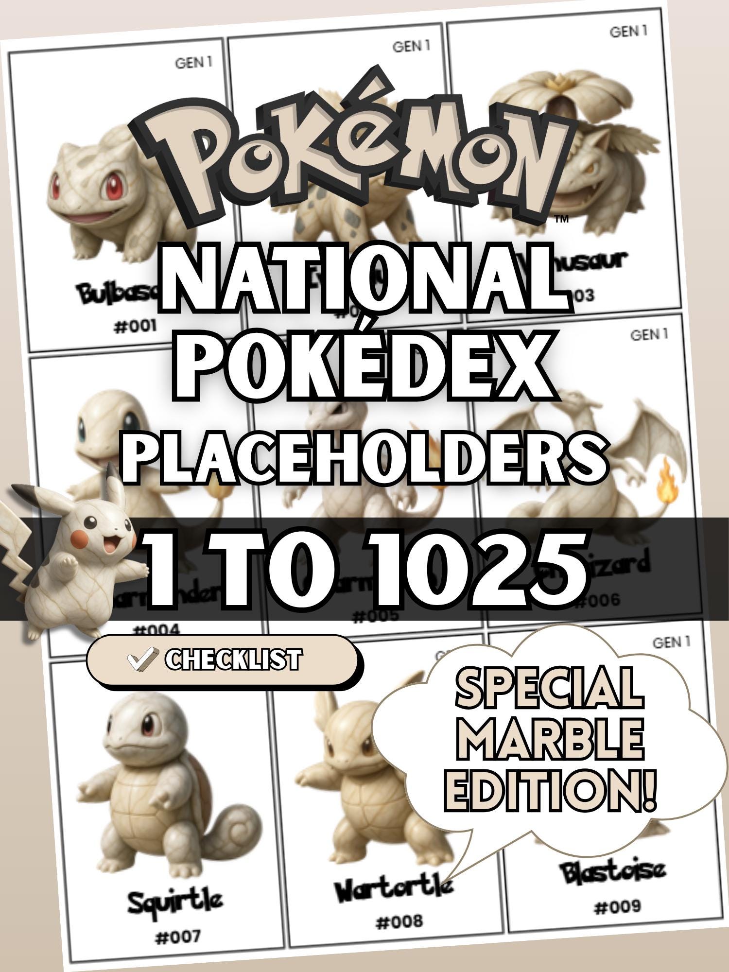 National Pokédex placeholders printable Pokémon binder pages in the color Beige Marble showing card style inserts from #001 to #1025 designed to keep a Pokémon TCG binder complete and organized.