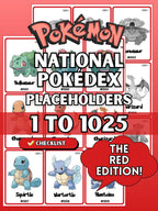 National Pokédex placeholders printable Pokémon binder pages in the color red showing card style inserts from #001 to #1025 designed to keep a Pokémon TCG binder complete and organized.