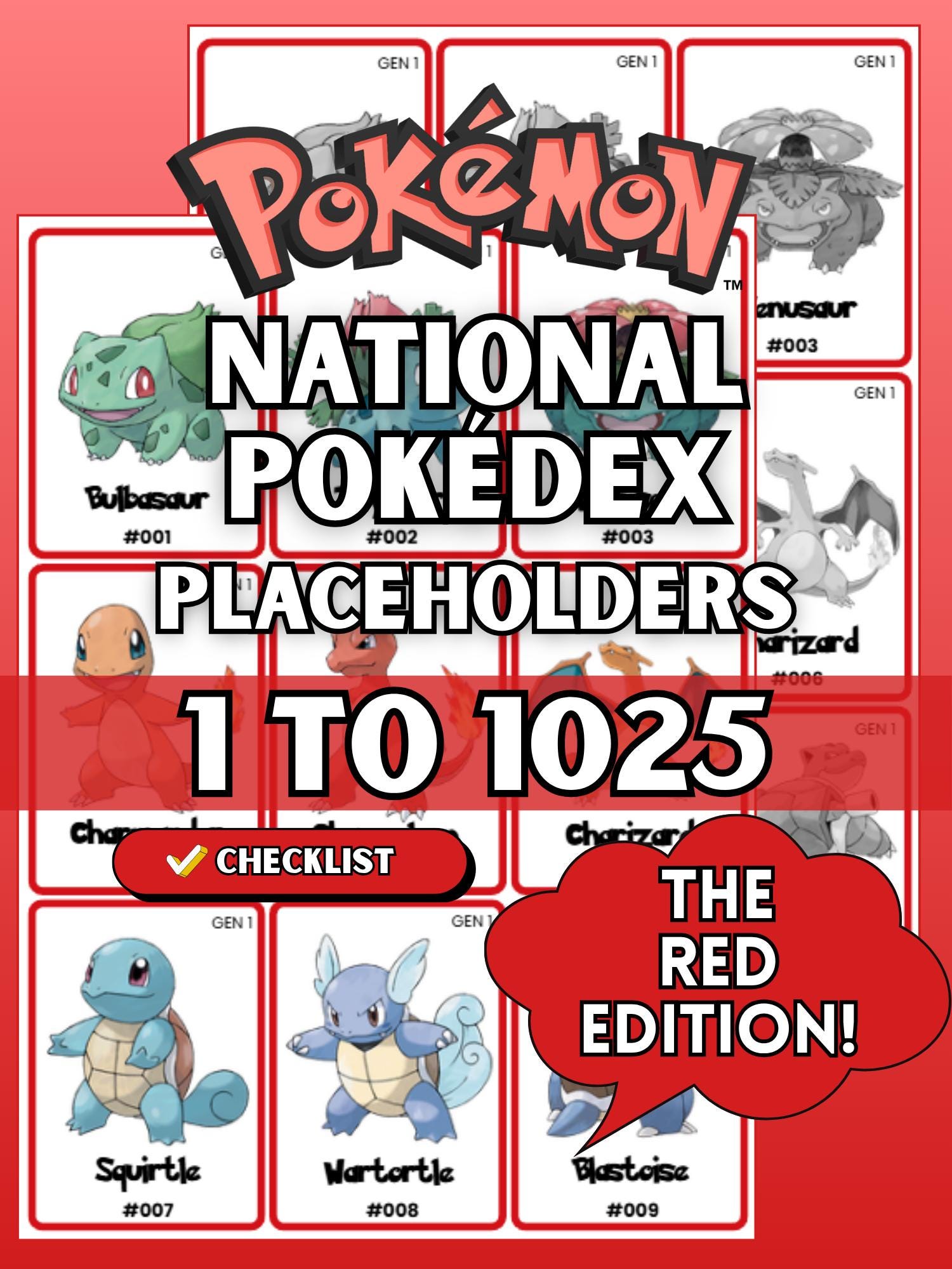 National Pokédex placeholders printable Pokémon binder pages in the color red showing card style inserts from #001 to #1025 designed to keep a Pokémon TCG binder complete and organized.