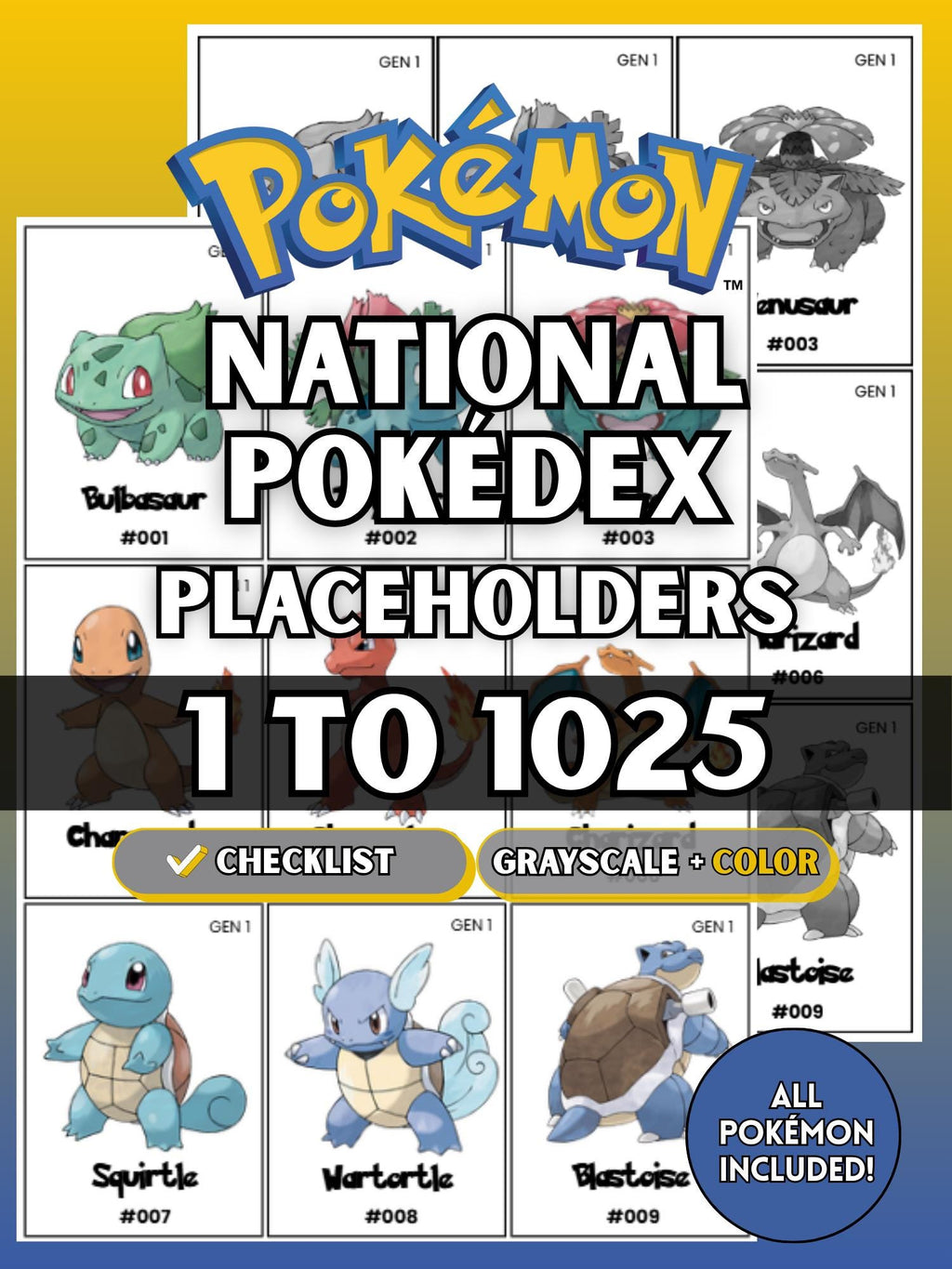 National Pokédex placeholders printable Pokémon binder pages showing card style inserts from #001 to #1025 designed to keep a Pokémon TCG binder complete and organized.