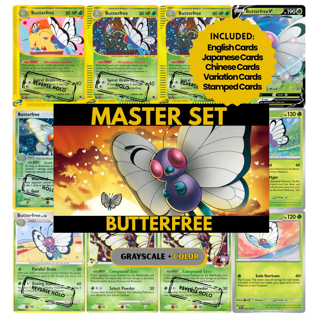 Butterfree binder pages set showing grayscale and color Pokémon cards, designed as a digital download to complete a collector’s binder.