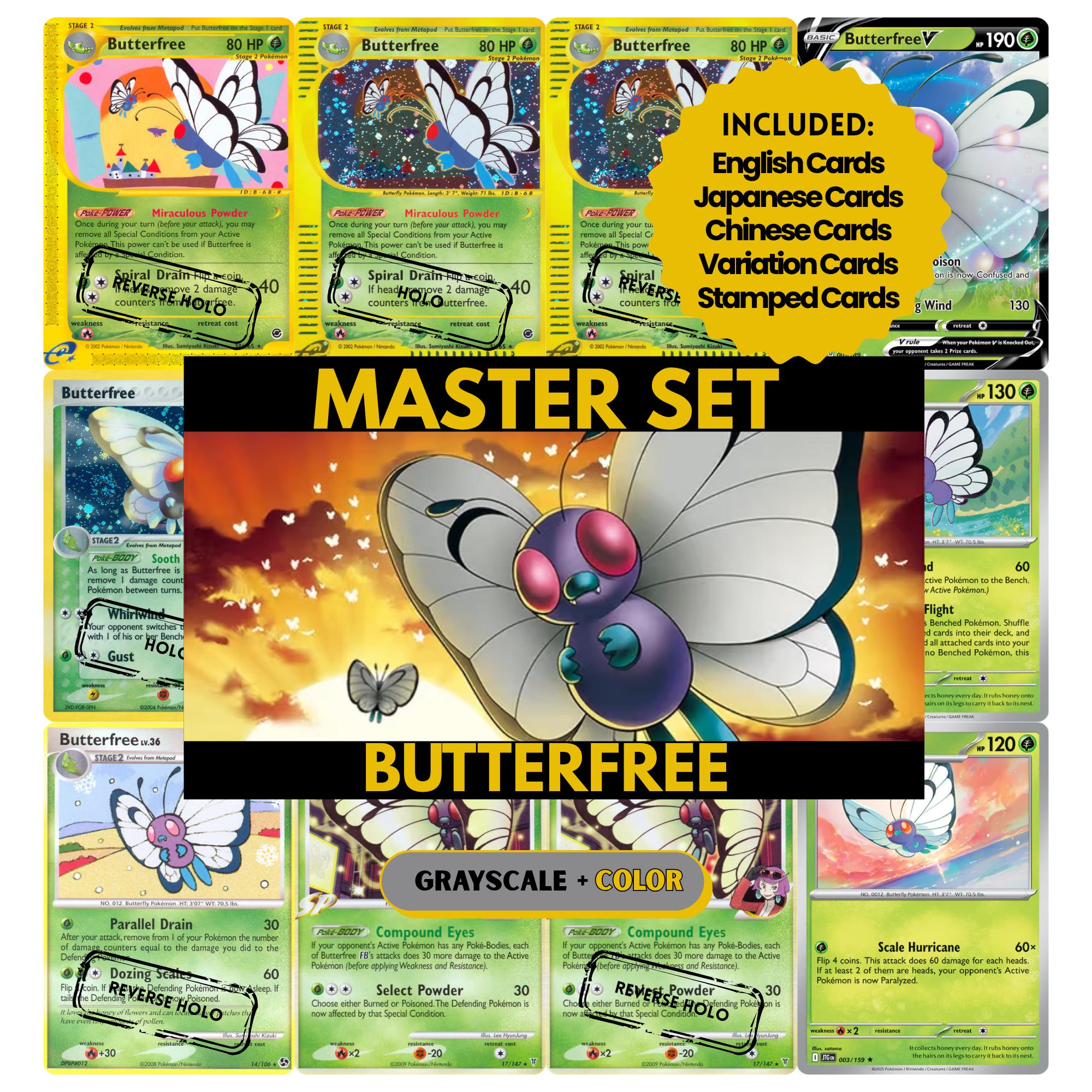 Butterfree binder pages set showing grayscale and color Pokémon cards, designed as a digital download to complete a collector’s binder.