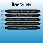 Gorebyss cards digital download instructions explaining how to print, cut, and place placeholders in a Pokémon binder.