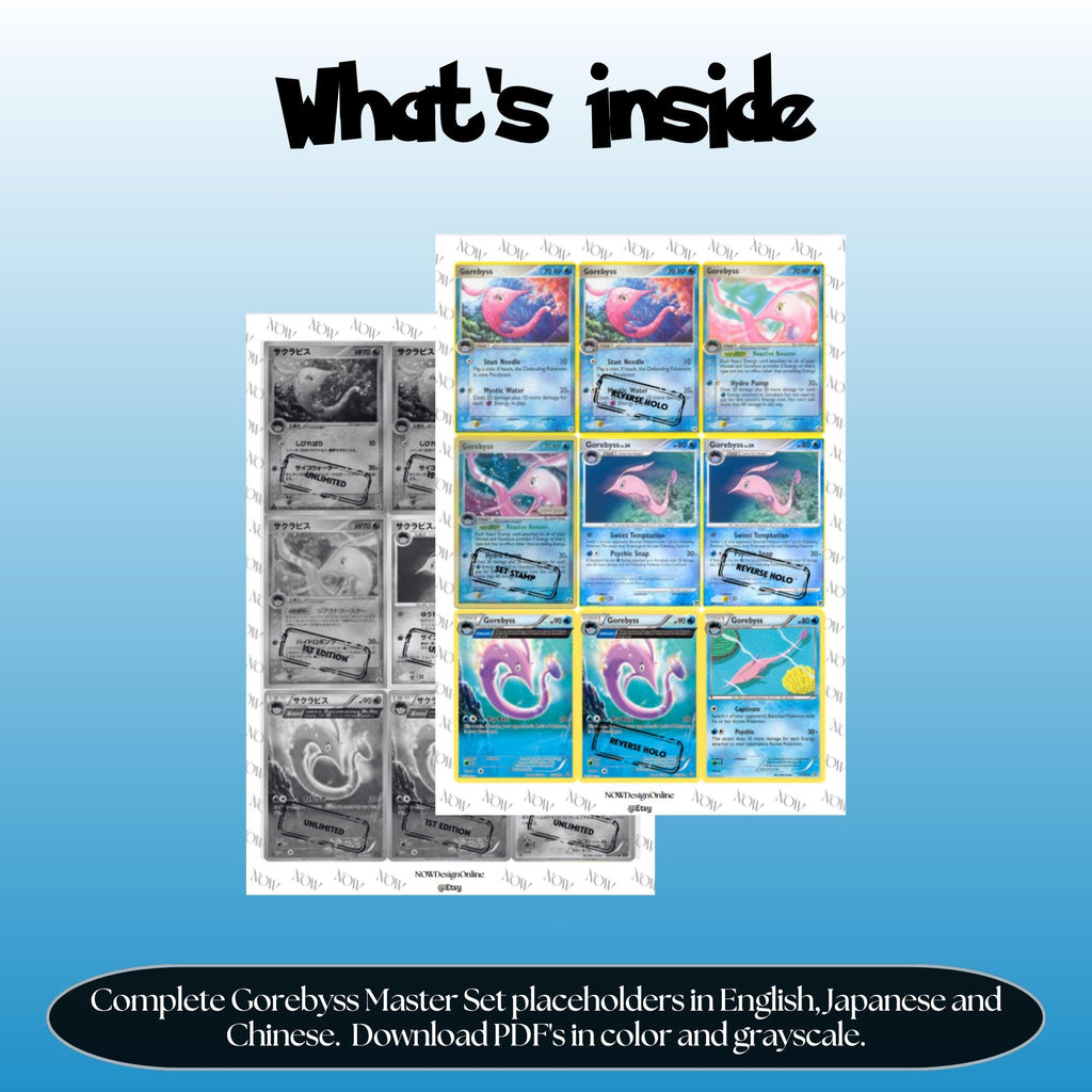 Gorebyss binder pages set overview showing the included Pokémon cards to print and cut for your binder sleeves.