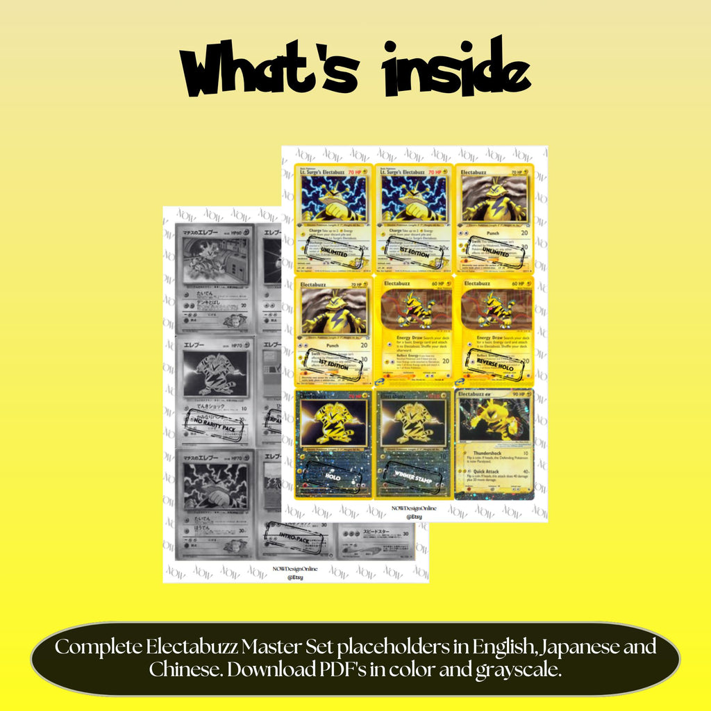 Electabuzz binder pages set overview showing the included Pokémon cards to print and cut for your binder sleeves.
