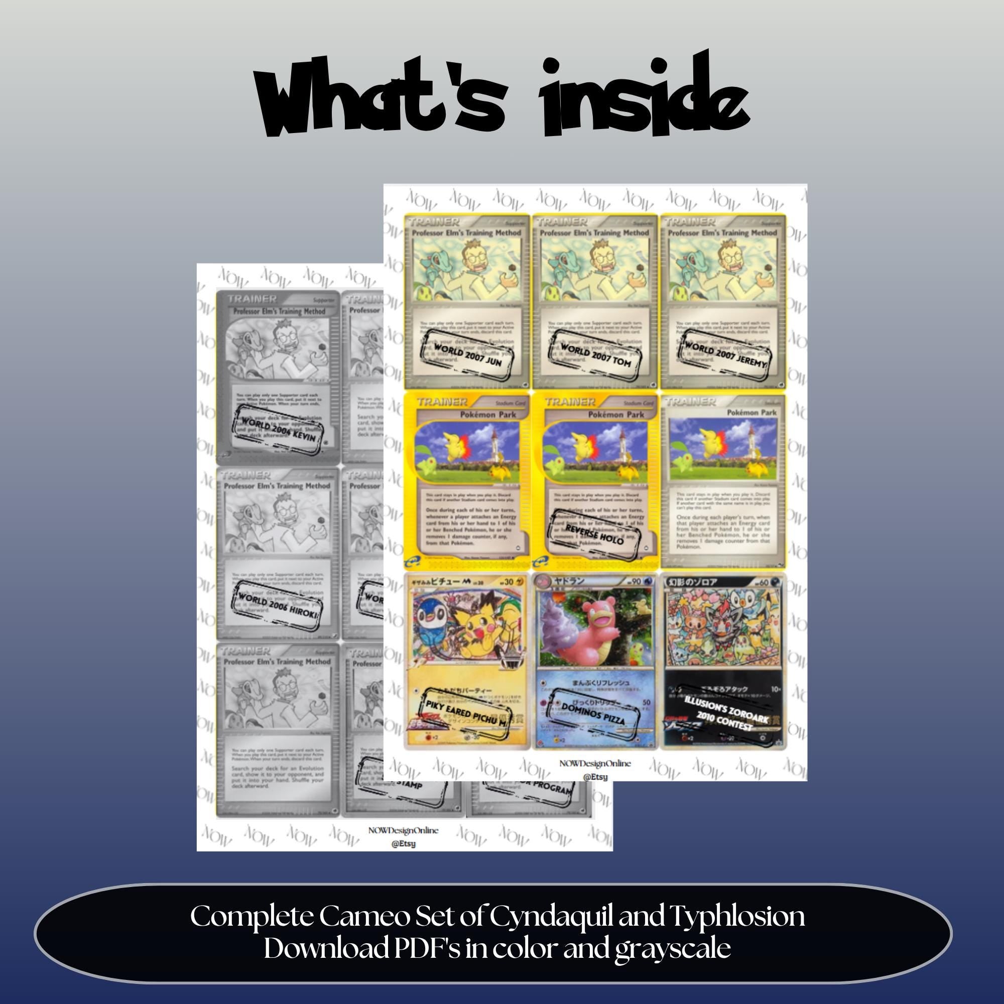 Cyndaquil & Typhlosion Cameo binder pages set overview showing the included Pokémon cards to print and cut for your binder sleeves.