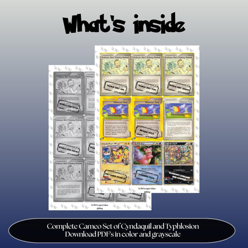 Cyndaquil & Typhlosion Cameo binder pages set overview showing the included Pokémon cards to print and cut for your binder sleeves.