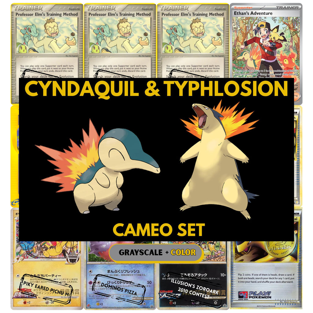 Cyndaquil & Typhlosion Cameo binder pages set showing grayscale and color Pokémon cards, designed as a digital download to complete a collector’s binder.