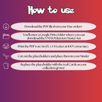 Vmax Pokémon cards digital download instructions explaining how to print, cut, and place placeholders in a Pokémon binder.