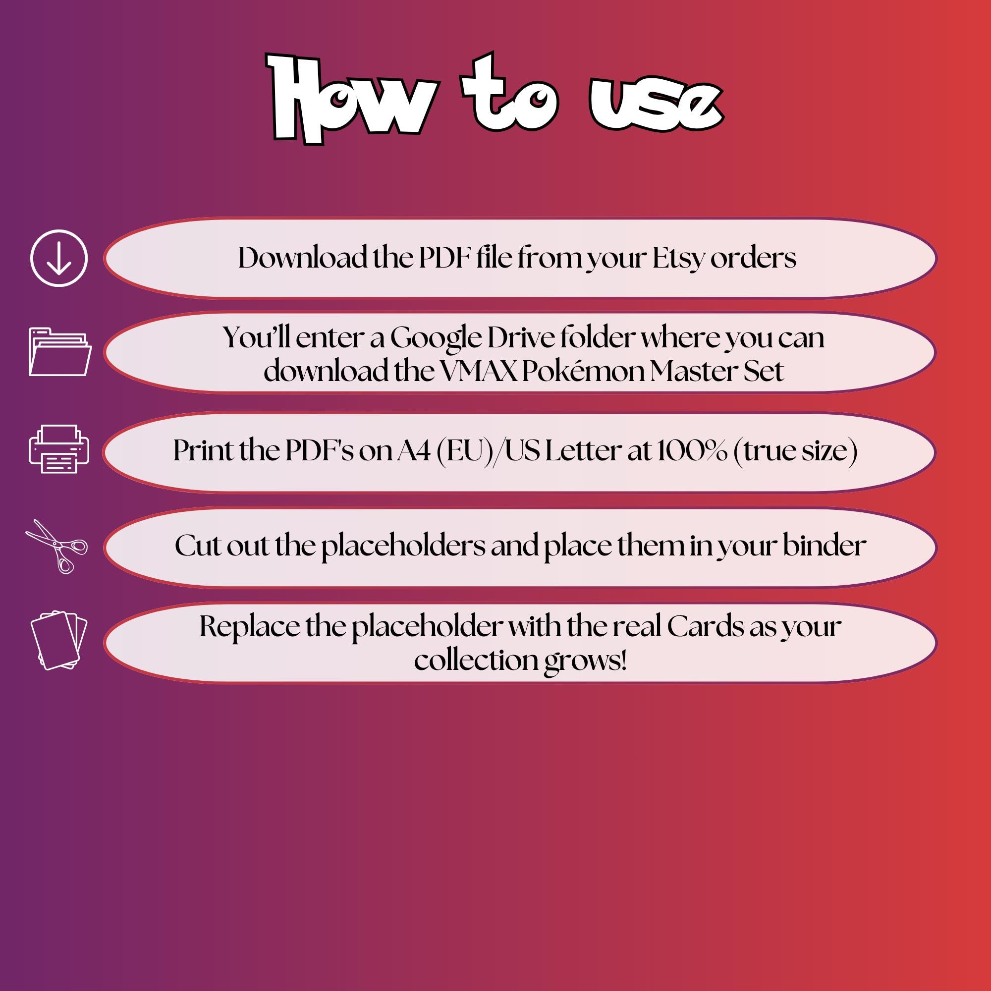Vmax Pokémon cards digital download instructions explaining how to print, cut, and place placeholders in a Pokémon binder.