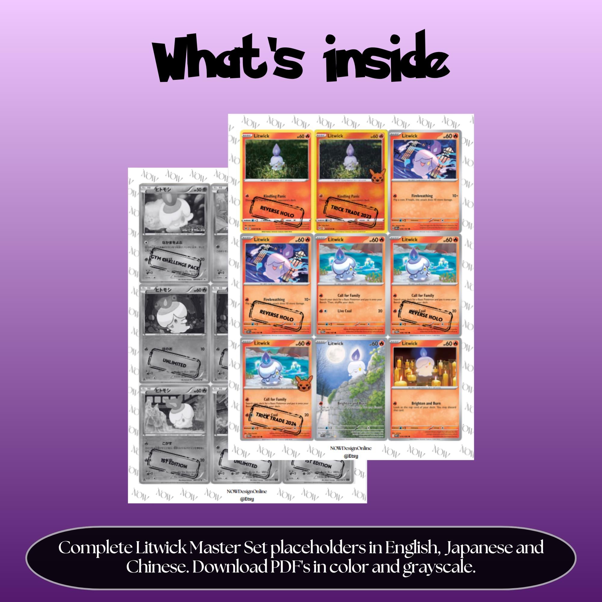 Litwick binder pages set overview showing the included Pokémon cards to print and cut for your binder sleeves.