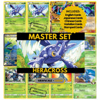 Heracross binder pages set showing grayscale and color Pokémon cards, designed as a digital download to complete a collector’s binder.