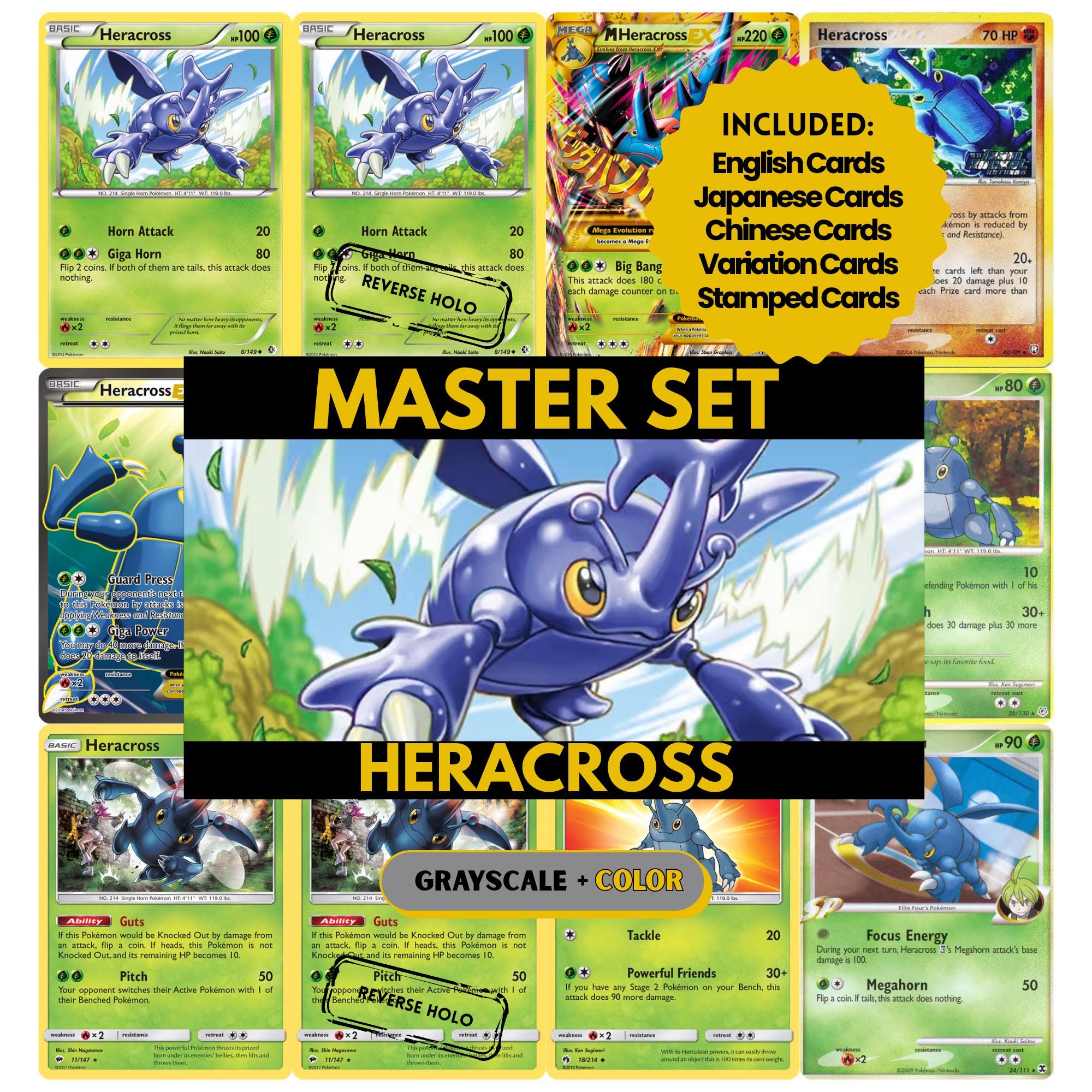 Heracross binder pages set showing grayscale and color Pokémon cards, designed as a digital download to complete a collector’s binder.