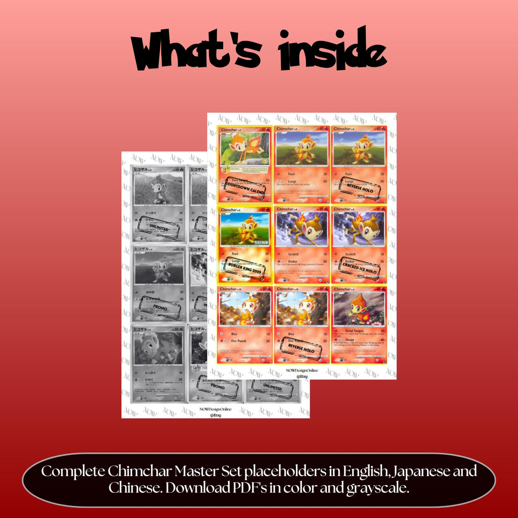 Chimchar binder pages set overview showing the included Pokémon cards to print and cut for your binder sleeves.