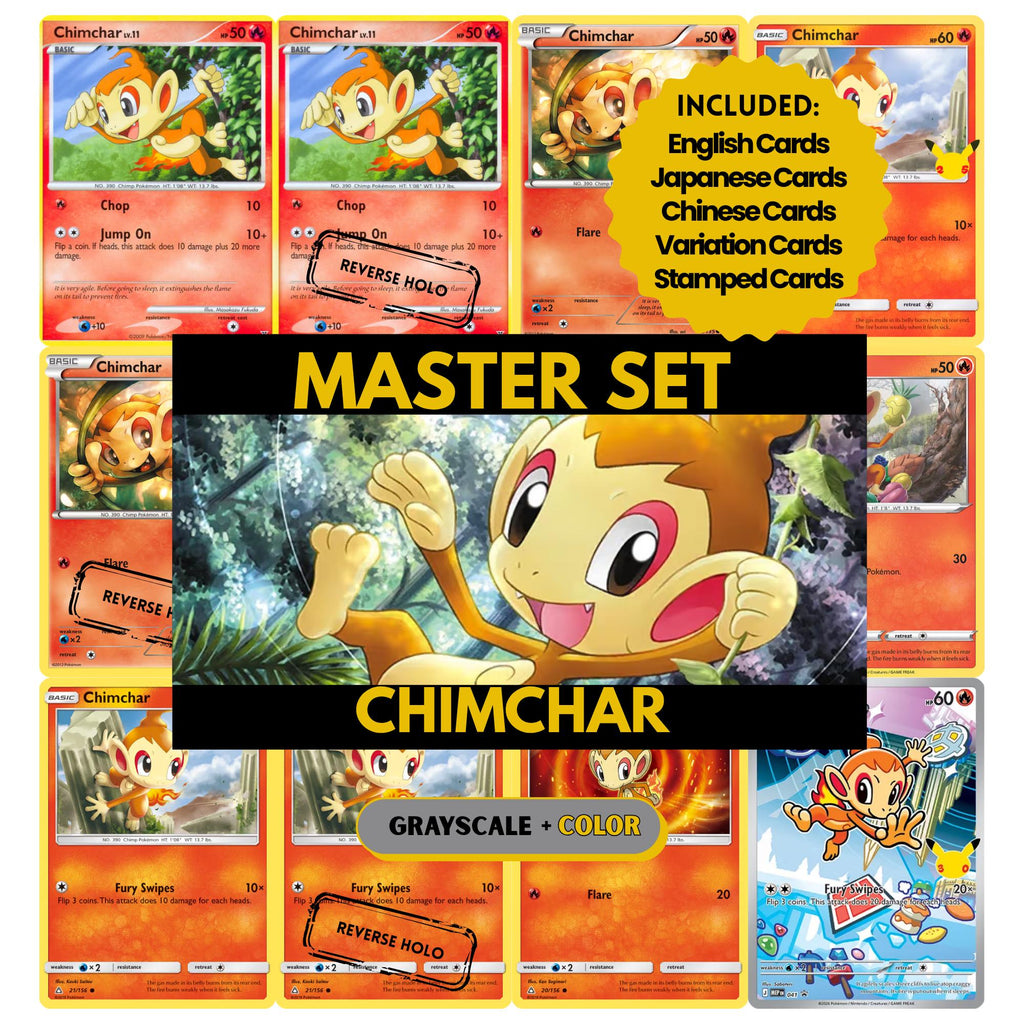 Chimchar binder pages set showing grayscale and color Pokémon cards, designed as a digital download to complete a collector’s binder.