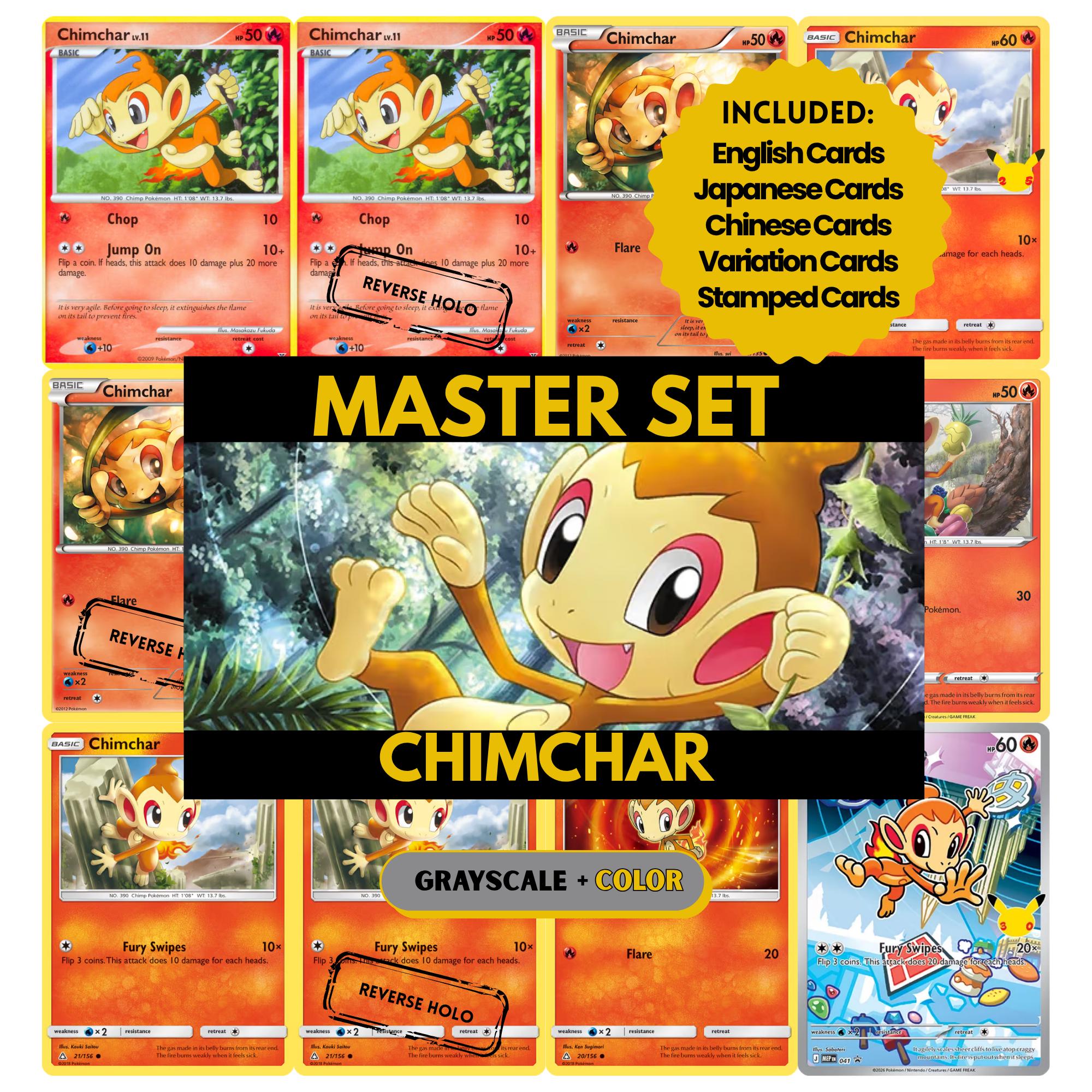 Chimchar binder pages set showing grayscale and color Pokémon cards, designed as a digital download to complete a collector’s binder.