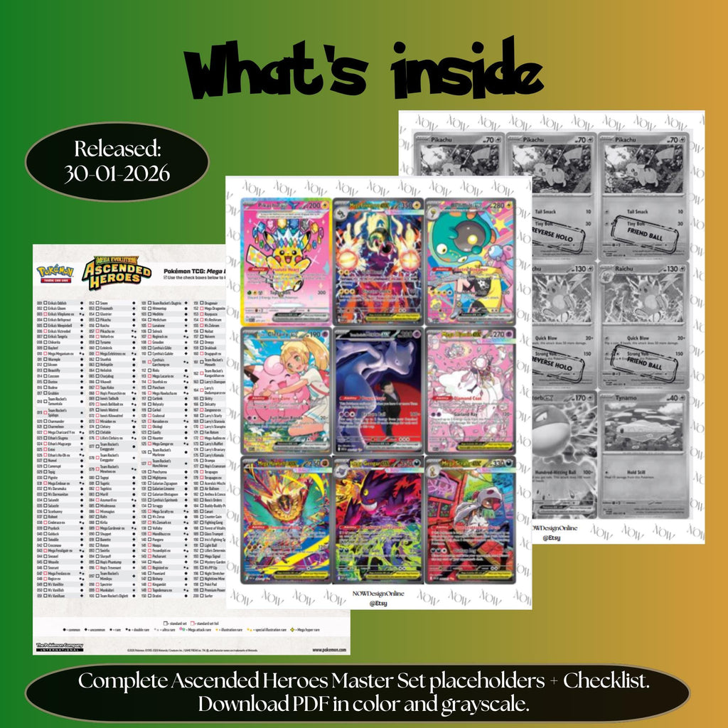 Ascended Heroes master set overview showing the included Pokémon cards and a full color checklist for the Mega Evolution binder.