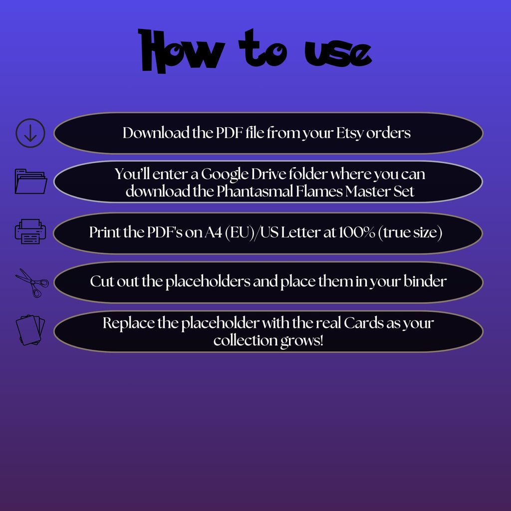 Phantasmal Flames digital download instructions explaining how to print, cut, and place placeholders in a Pokémon binder.