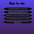 Phantasmal Flames digital download instructions explaining how to print, cut, and place placeholders in a Pokémon binder.