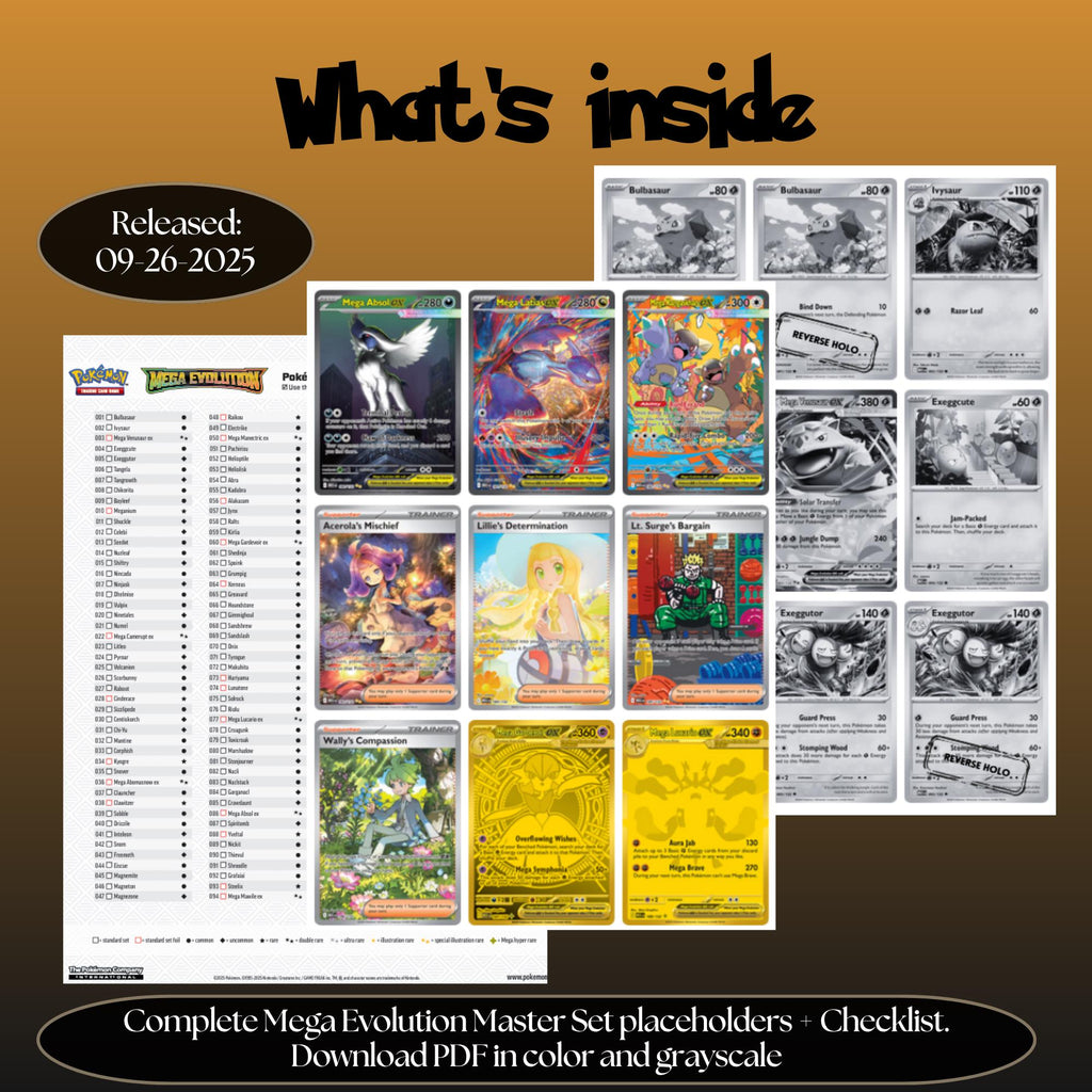 Mega Evolution master set overview showing the included Pokémon cards to print and a full color checklist for the Mega Evolution binder.