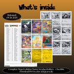 Mega Evolution master set overview showing the included Pokémon cards to print and a full color checklist for the Mega Evolution binder.