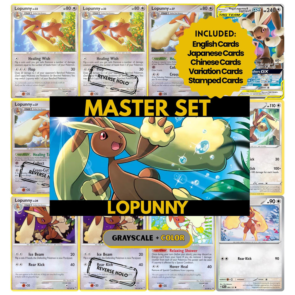 Lopunny binder pages set showing grayscale and color Pokémon cards, designed as a digital download to complete a collector’s binder.
