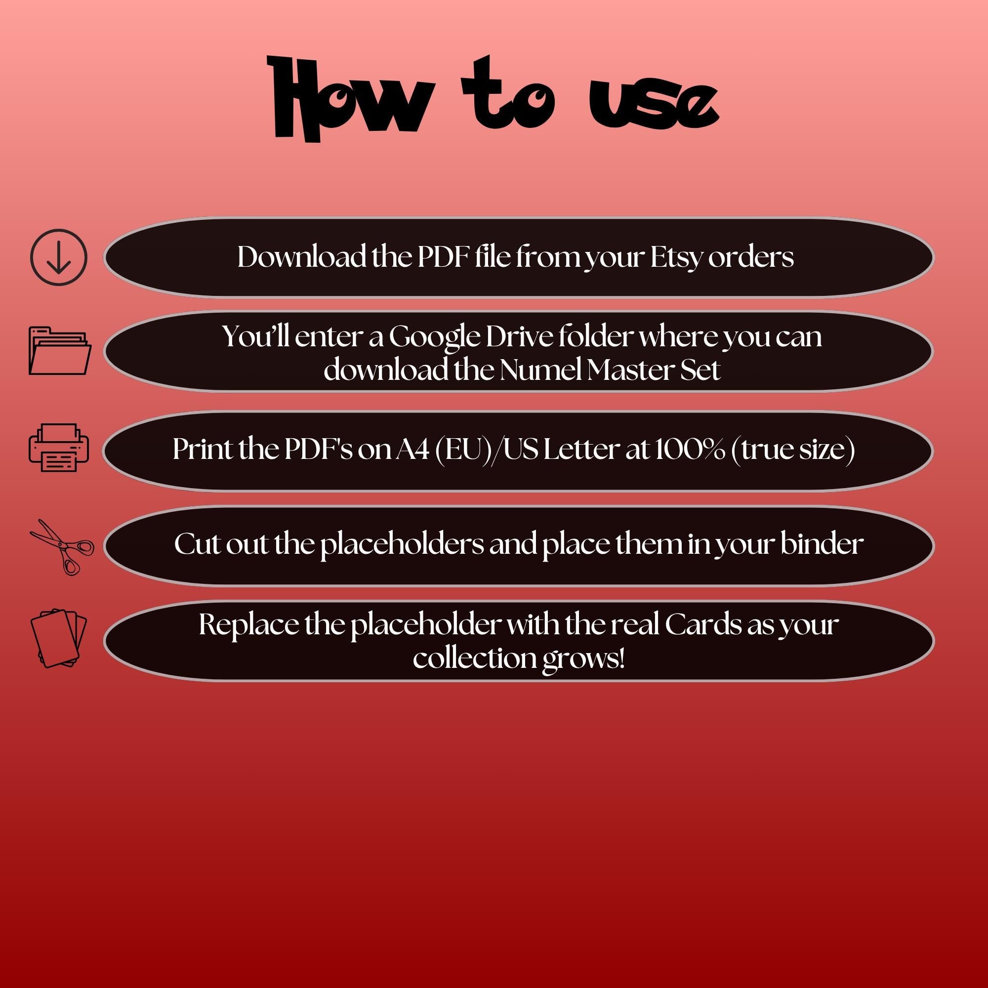 Numel cards digital download instructions explaining how to print, cut, and place placeholders in a Pokémon binder.