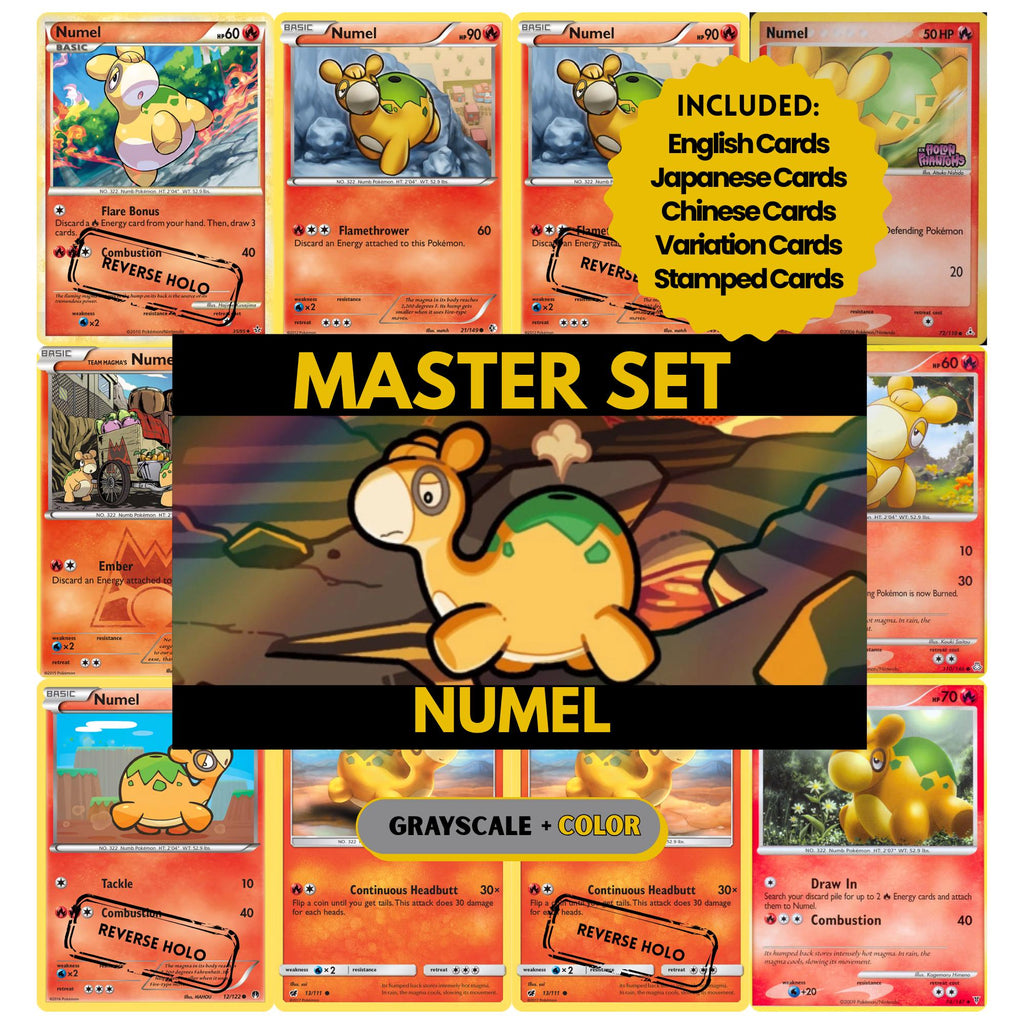 Numel binder pages set showing grayscale and color Pokémon cards, designed as a digital download to complete a collector’s binder.