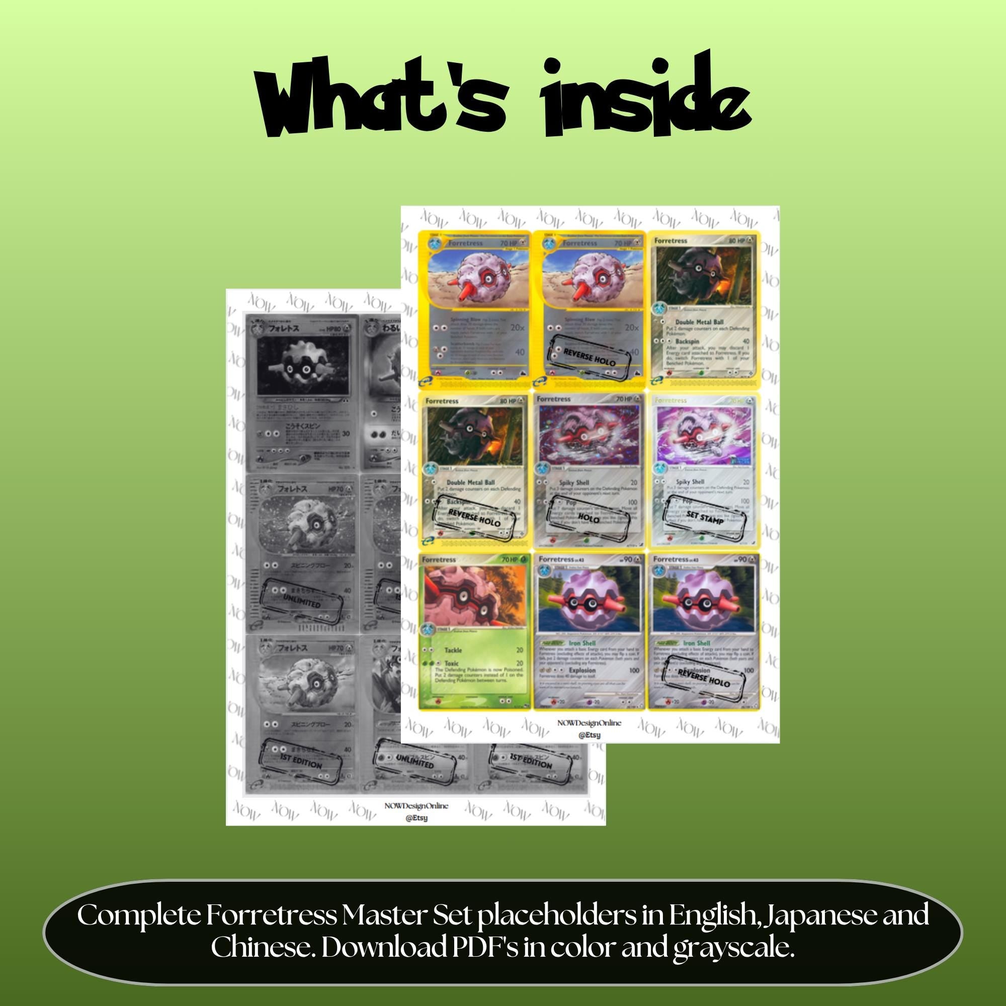 Forretress binder pages set overview showing the included Pokémon cards to print and cut for your binder sleeves.