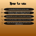 Mudbray & Mudsdale cards digital download instructions explaining how to print, cut, and place placeholders in a Pokémon binder.