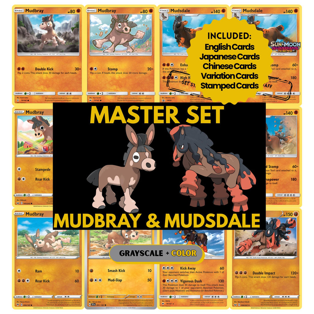 Mudbray & Mudsdale binder pages set showing grayscale and color Pokémon cards, designed as a digital download to complete a collector’s binder.