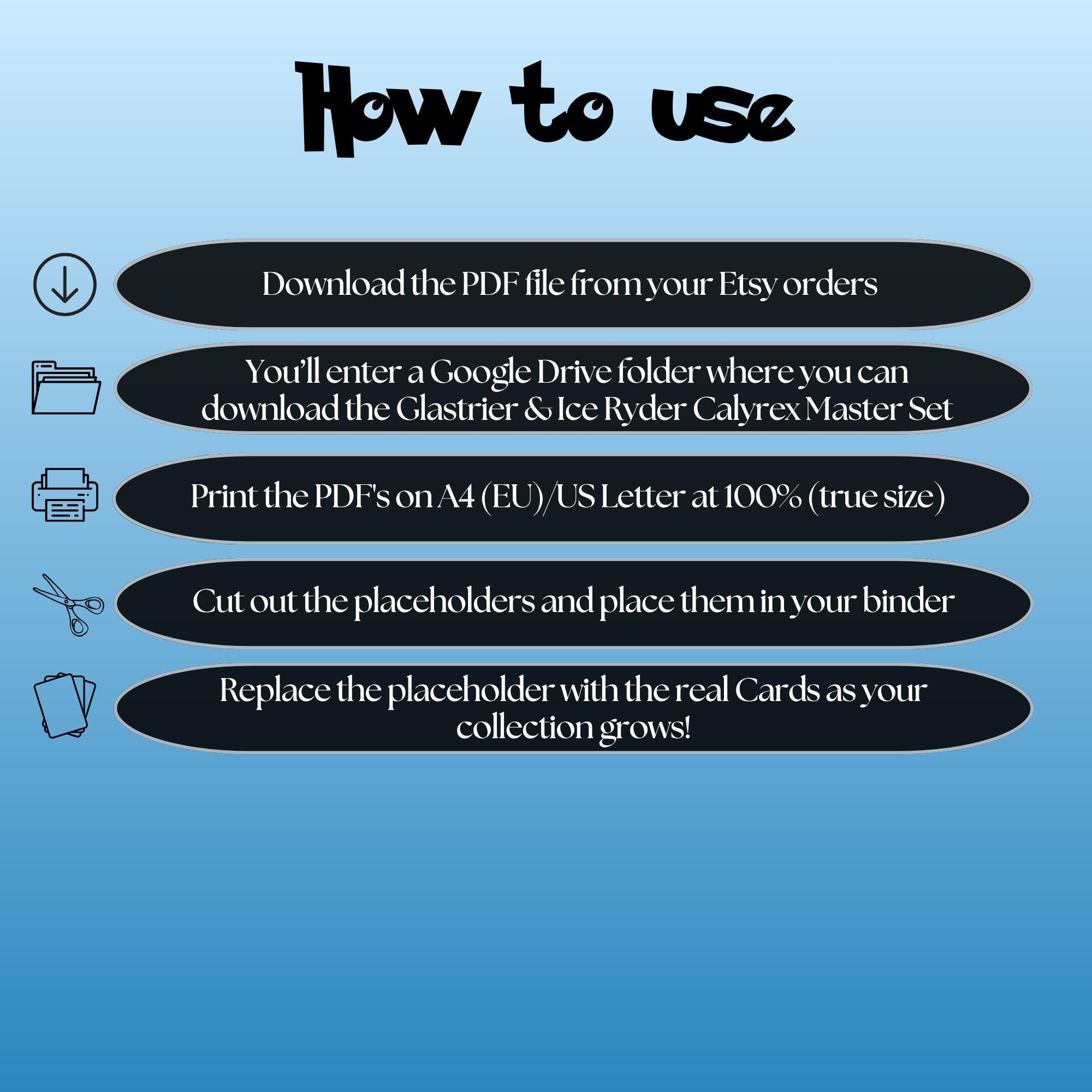 Glastrier & Ice Rider Calyrex cards digital download instructions explaining how to print, cut, and place placeholders in a Pokémon binder.