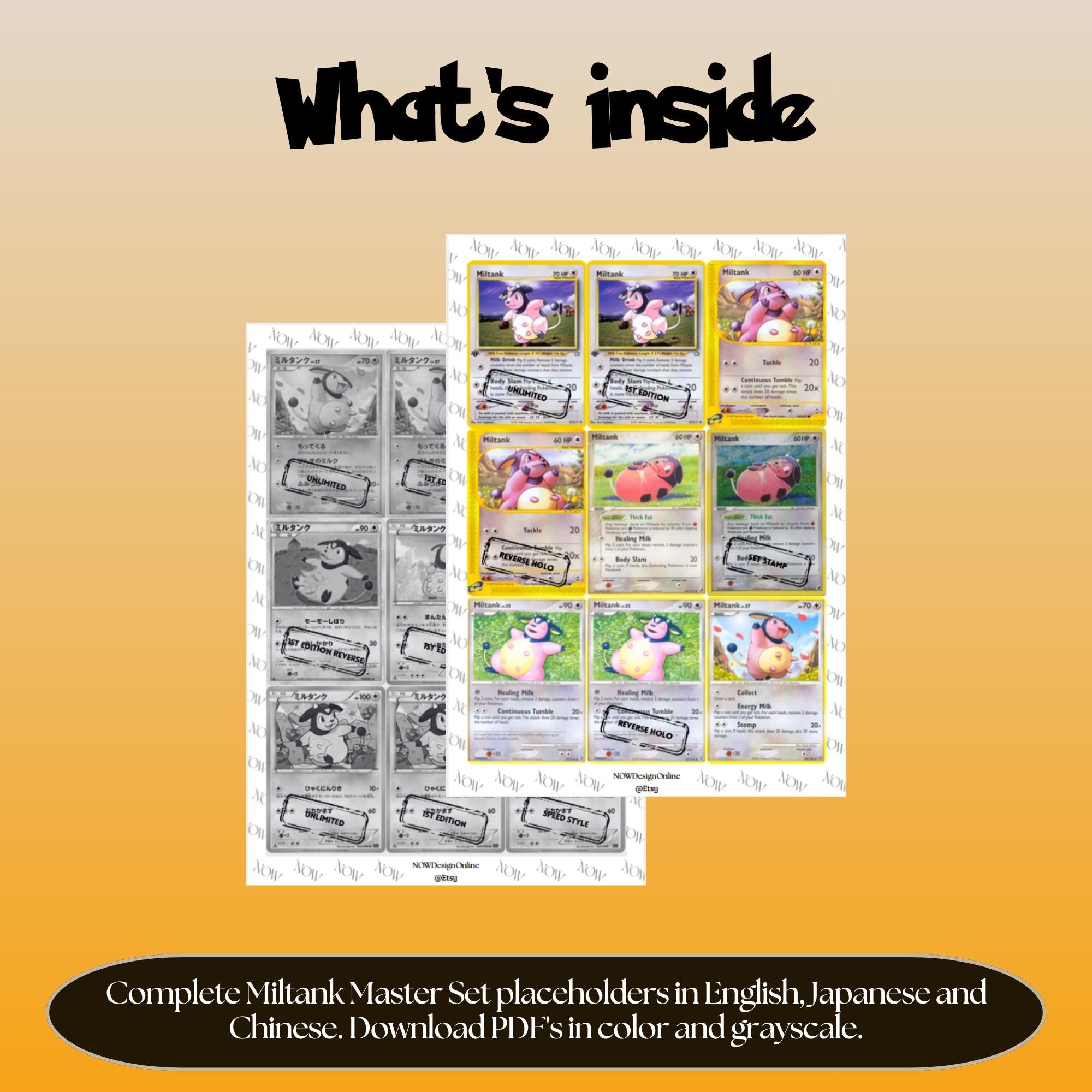 Miltank binder pages set overview showing the included Pokémon cards to print and cut for your binder sleeves.