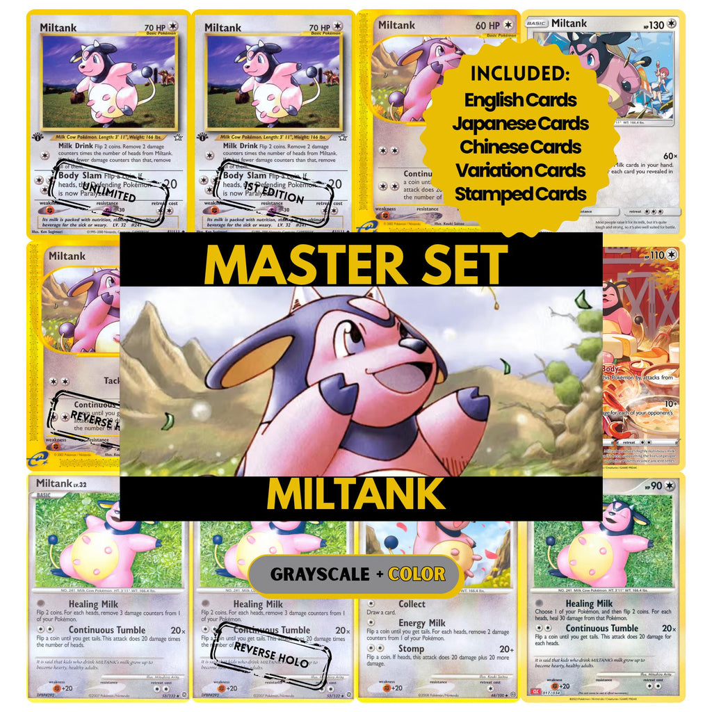 Miltank binder pages set showing grayscale and color Pokémon cards, designed as a digital download to complete a collector’s binder.