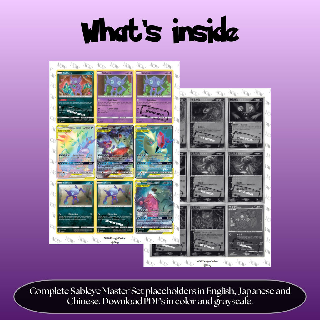 Sableye binder pages set overview showing the included Pokémon cards to print and cut for your binder sleeves.
