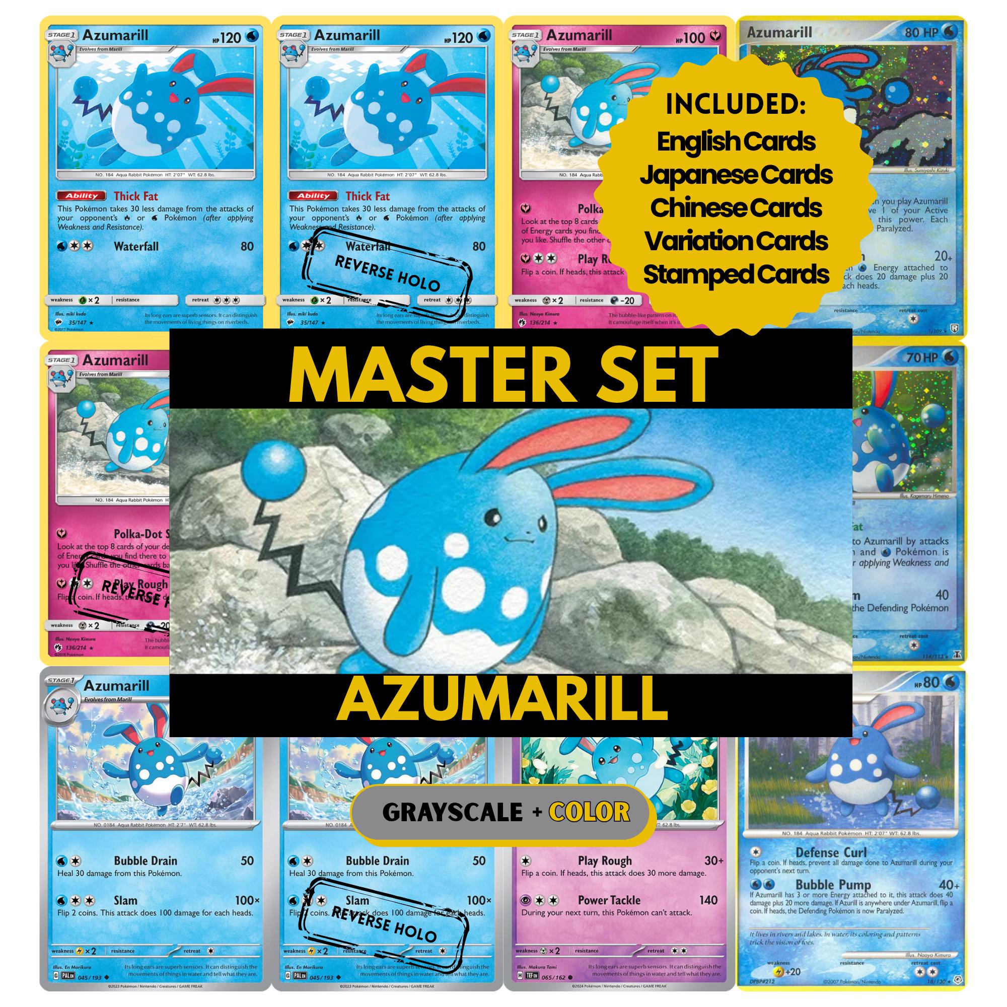 Azumarill binder pages set showing grayscale and color Pokémon cards, designed as a digital download to complete a collector’s binder.