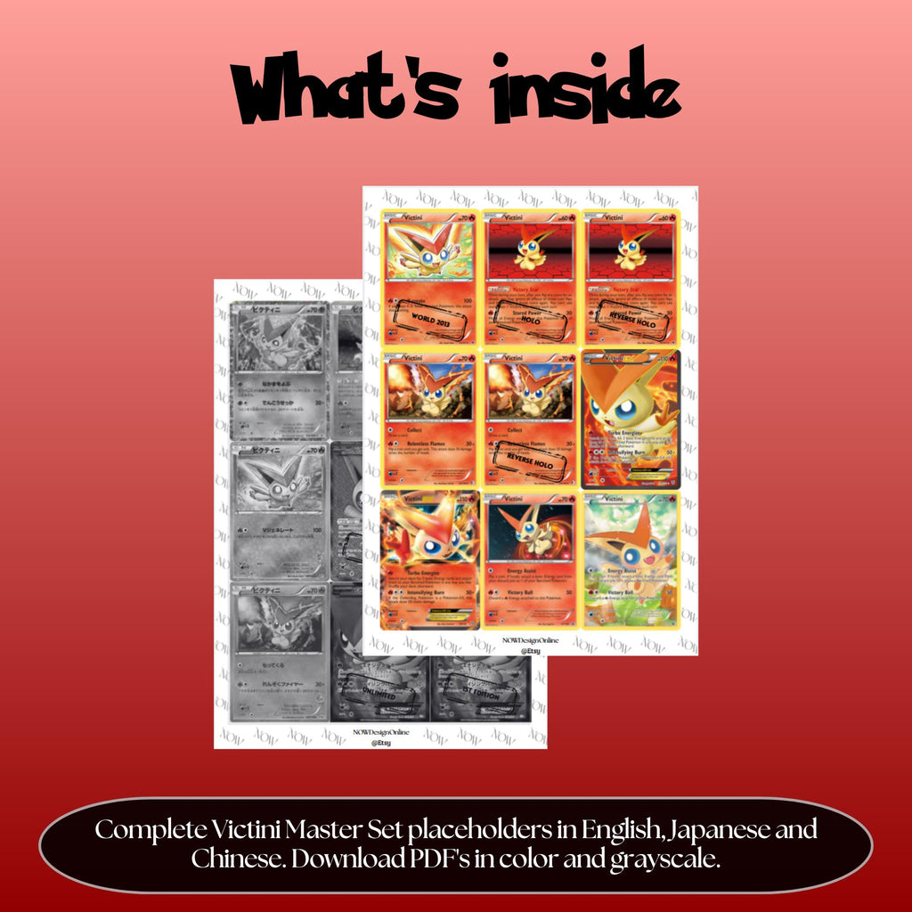 Victini binder pages set overview showing the included Pokémon cards to print and cut for your binder sleeves.