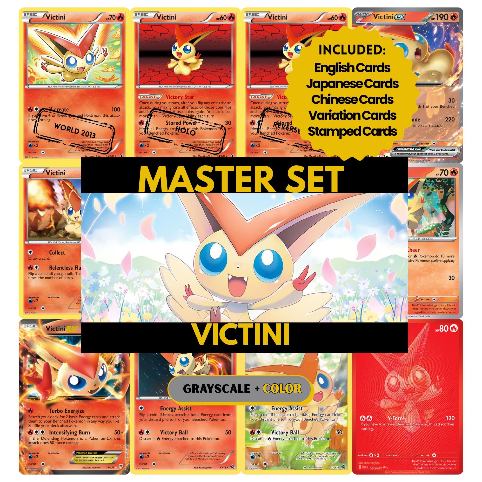 Victini binder pages set showing grayscale and color Pokémon cards, designed as a digital download to complete a collector’s binder.