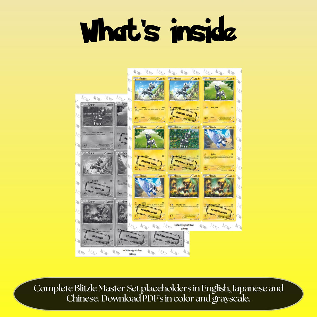 Blitzle binder pages set overview showing the included Pokémon cards to print and cut for your binder sleeves.