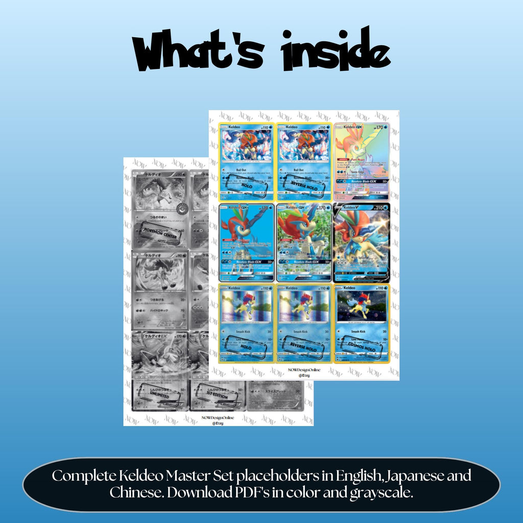Keldeo binder pages set overview showing the included Pokémon cards to print and cut for your binder sleeves.