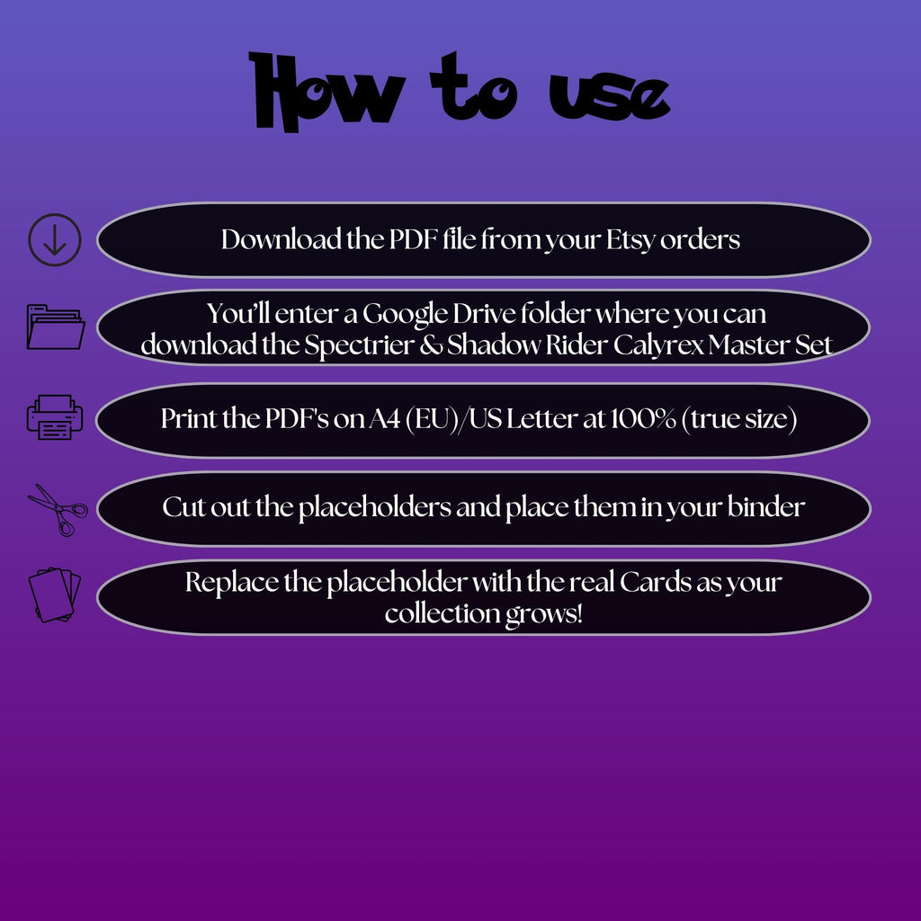 Spectrier & Shadow Rider Calyrex cards digital download instructions explaining how to print, cut, and place placeholders in a Pokémon binder.