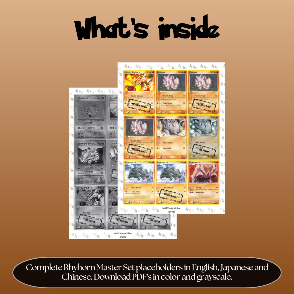Rhyhorn binder pages set overview showing the included Pokémon cards to print and cut for your binder sleeves.