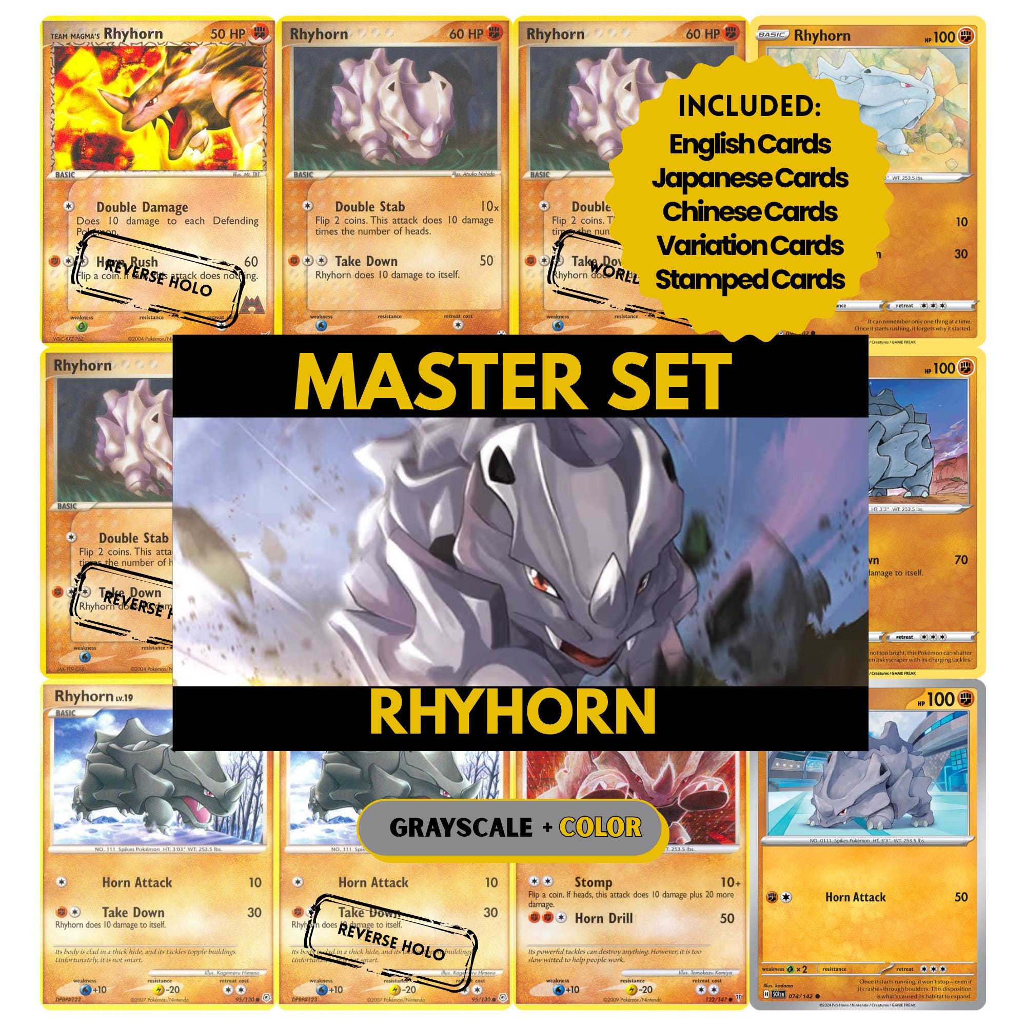 Rhyhorn binder pages set showing grayscale and color Pokémon cards, designed as a digital download to complete a collector’s binder.