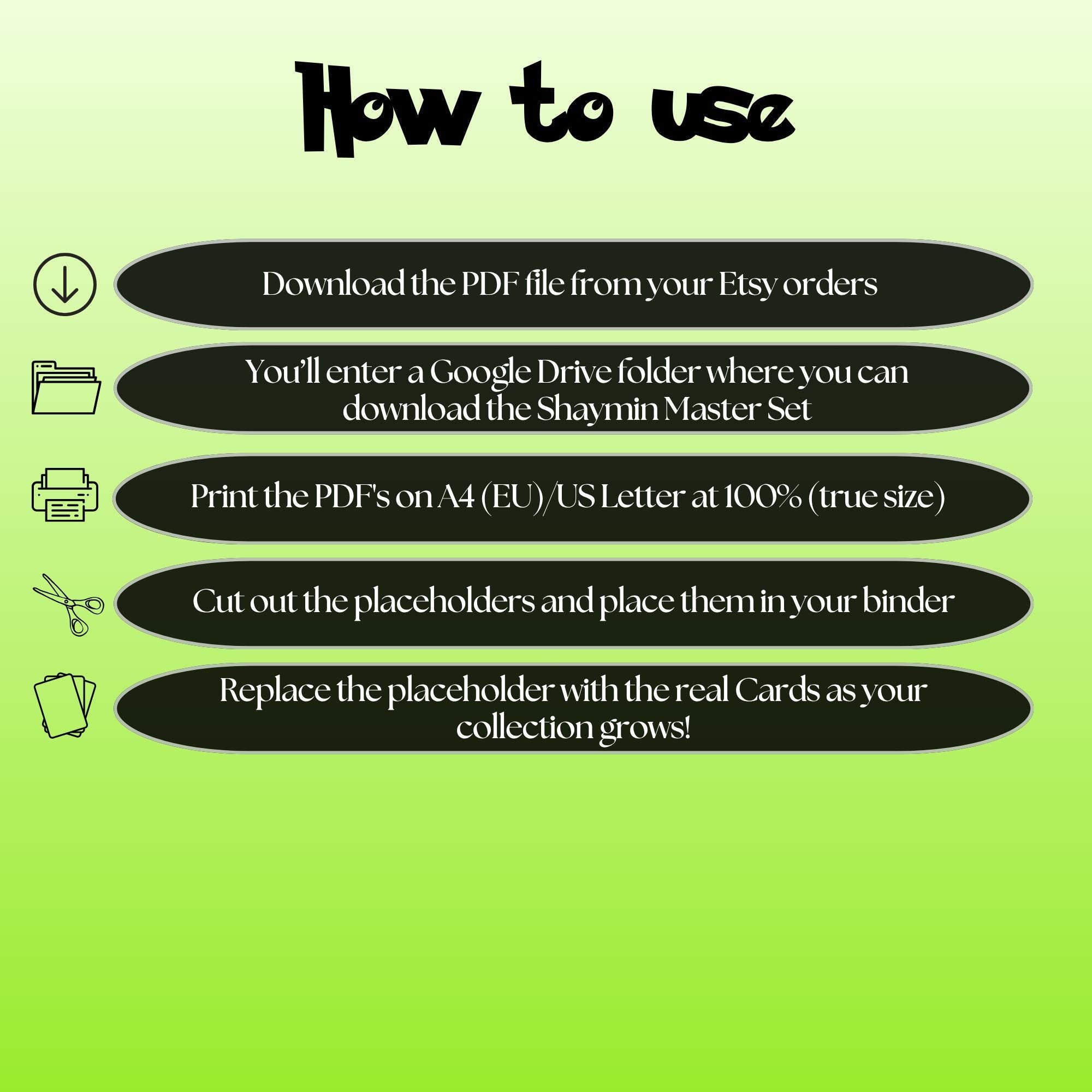 Shaymin cards digital download instructions explaining how to print, cut, and place placeholders in a Pokémon binder.