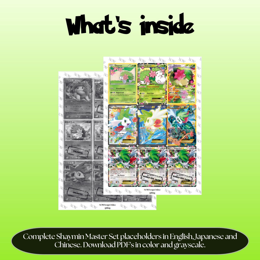 Shaymin binder pages set overview showing the included Pokémon cards to print and cut for your binder sleeves.