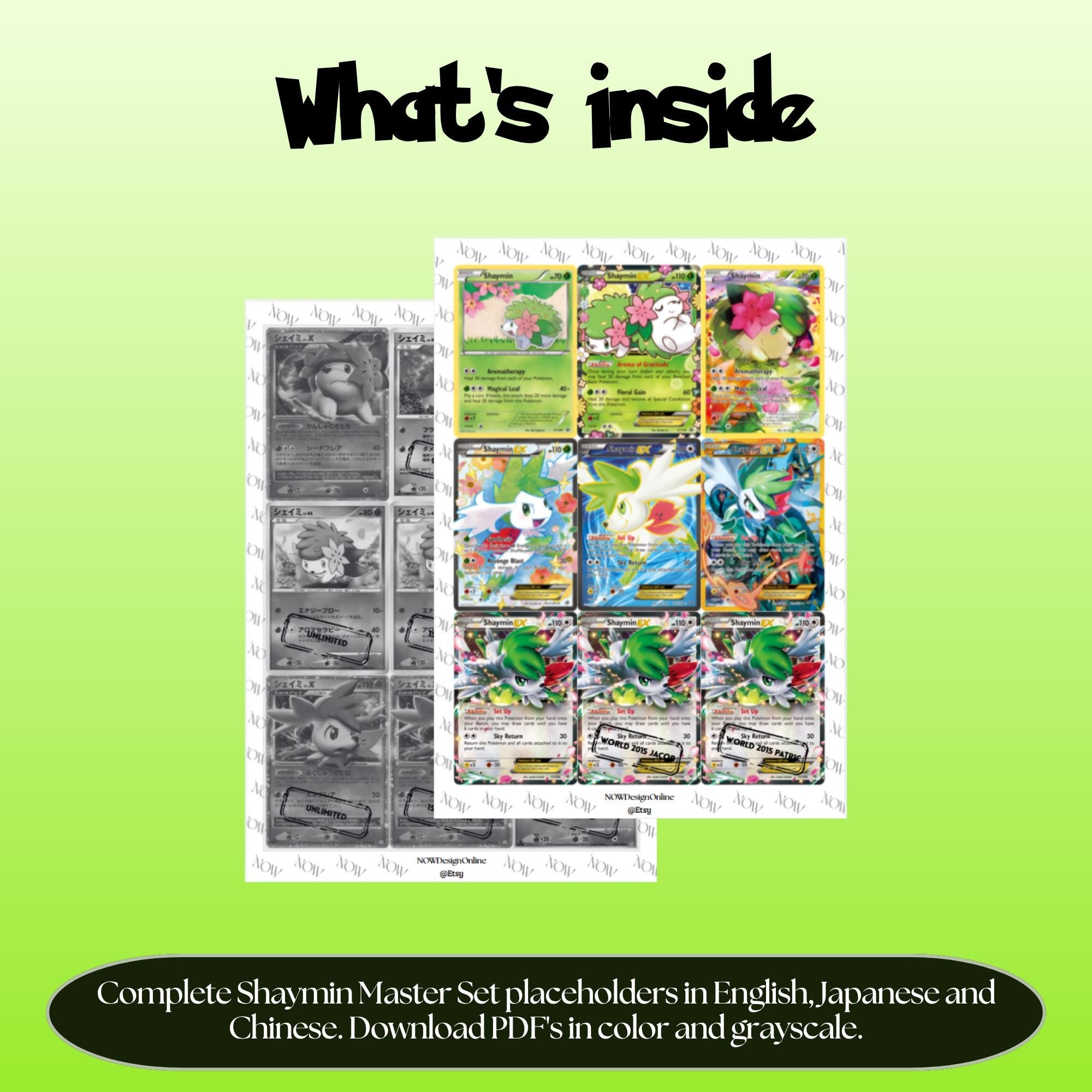 Shaymin binder pages set overview showing the included Pokémon cards to print and cut for your binder sleeves.