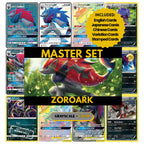 Zoroark binder pages set showing grayscale and color Pokémon cards, designed as a digital download to complete a collector’s binder.